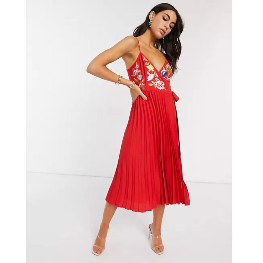 ASOS DESIGN Embroidered Pleated Cami Wrap Red Midi Dress 0
